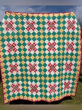 Vintage 1970s Hand Sewn Churn Dash Quilt – 80x82 Patchwork Queen Bed Quilt